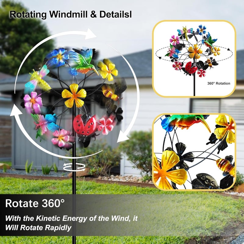 Senflame Flower Wind Spinners Outdoor, Metal Windmill with Hummingbirds, Butterflies and Bees, Pinwheels for Yard and Garden - Image 3